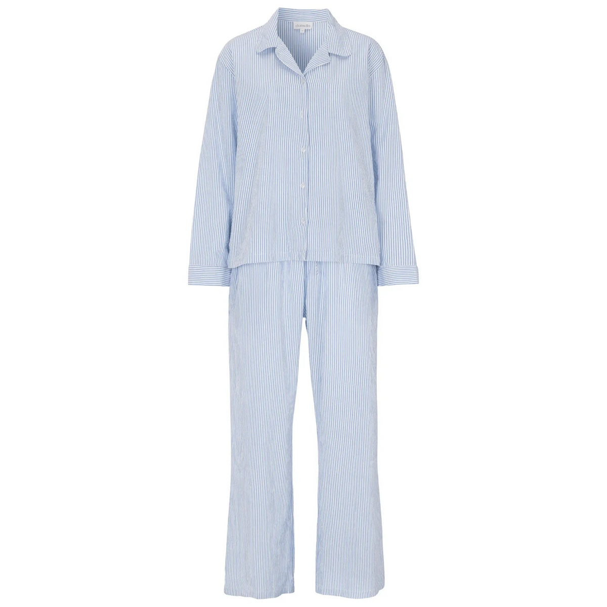 Lång pyjamas i ljusblått med vita ränder och skjorta med krage samt långbyxor i mjuk bomullsbäckebölja