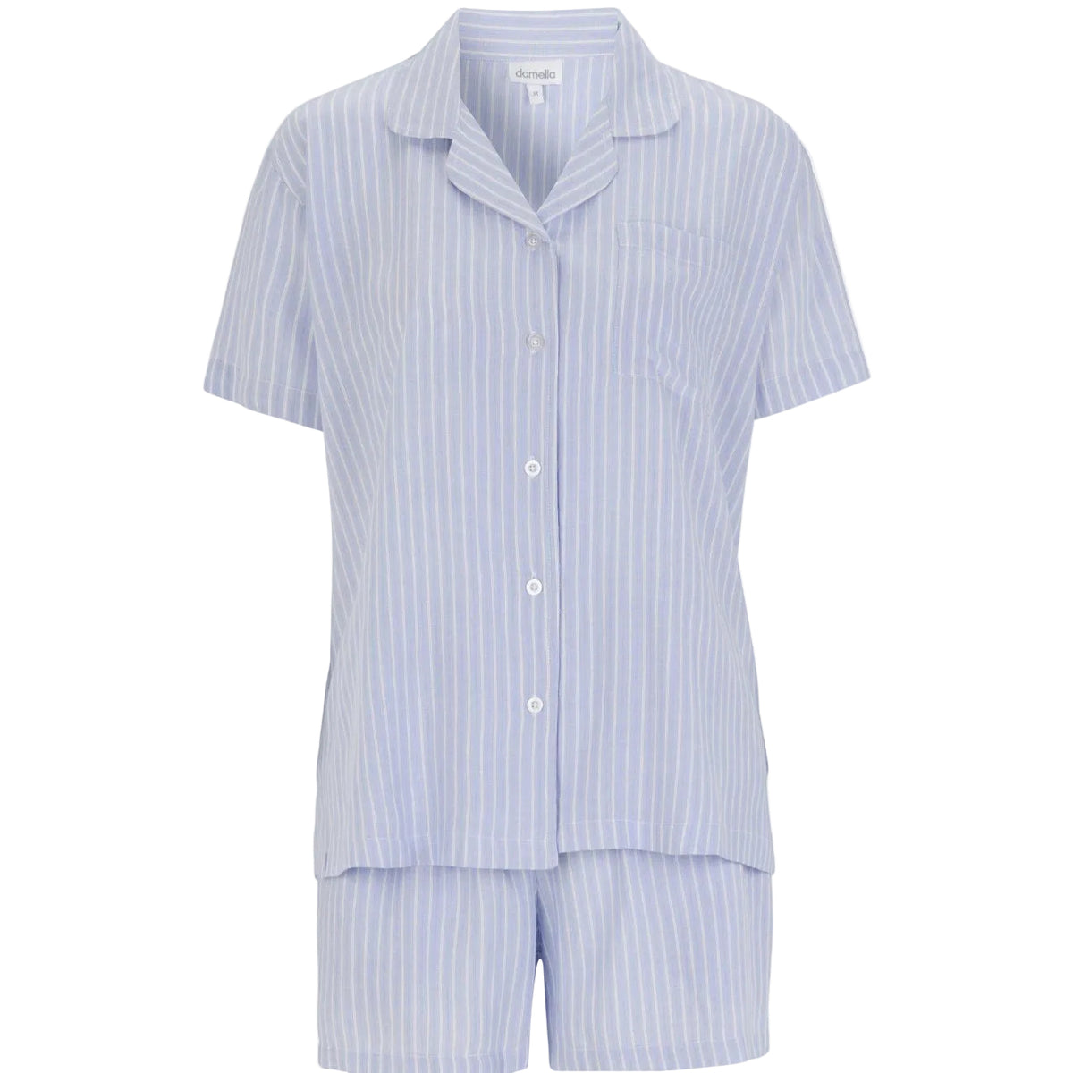 Kort pyjamas i blå och vita ränder med kortärmad skjorta med knappar och shorts i vävd viskos
