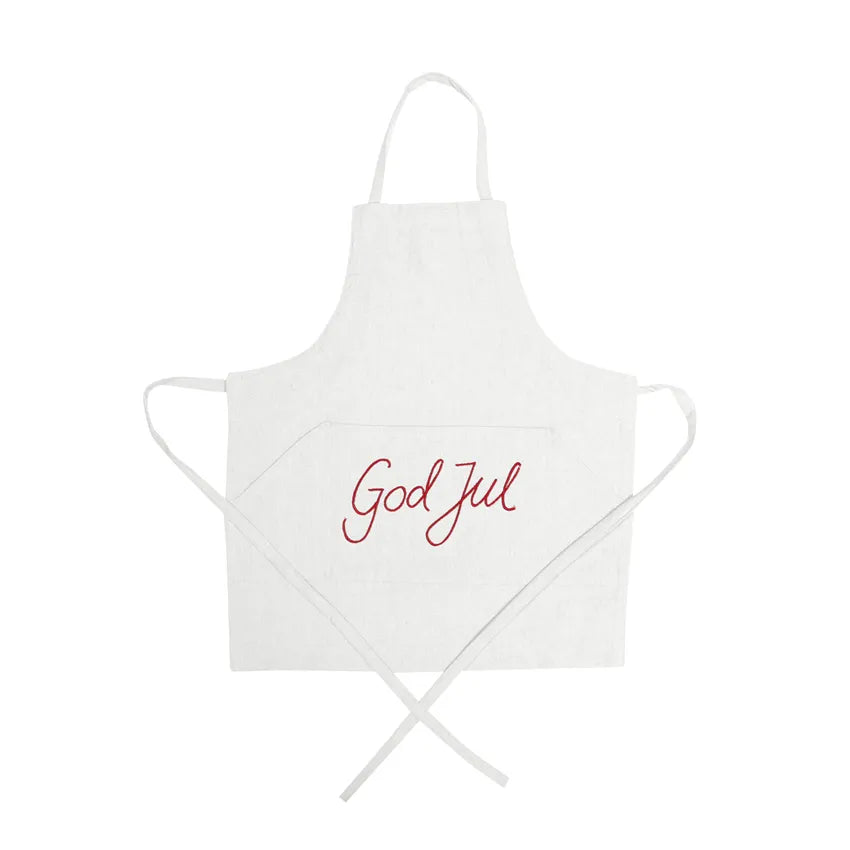 Linnefärgat barnförkläde God Jul med röd broderad text och ficka