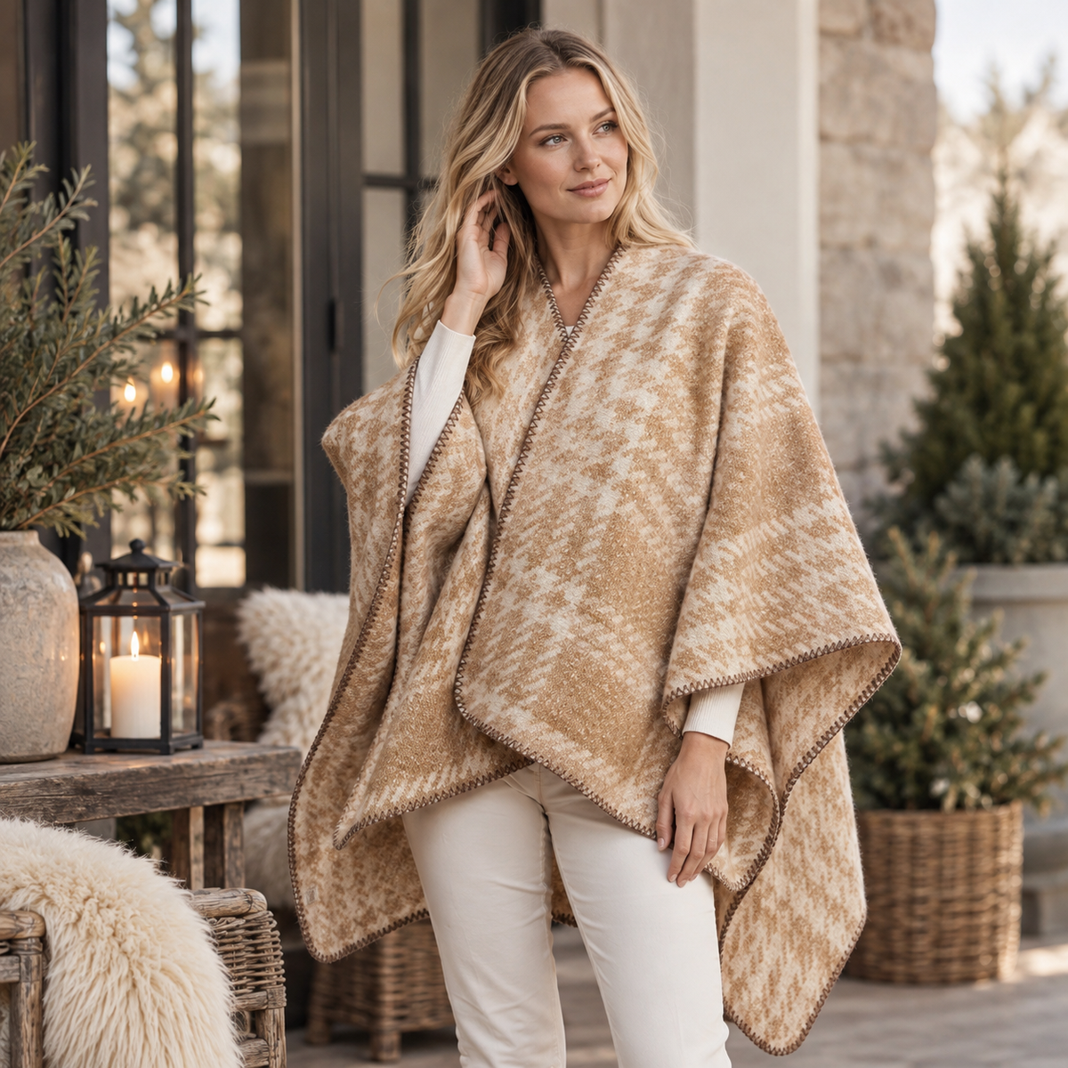 Modell i beige och cremefärgad mönstrad poncho
