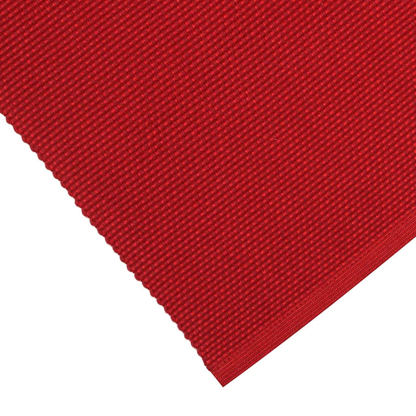 Närbild av mörkröd bordslöpare KALLE i vävd återvunnen textil