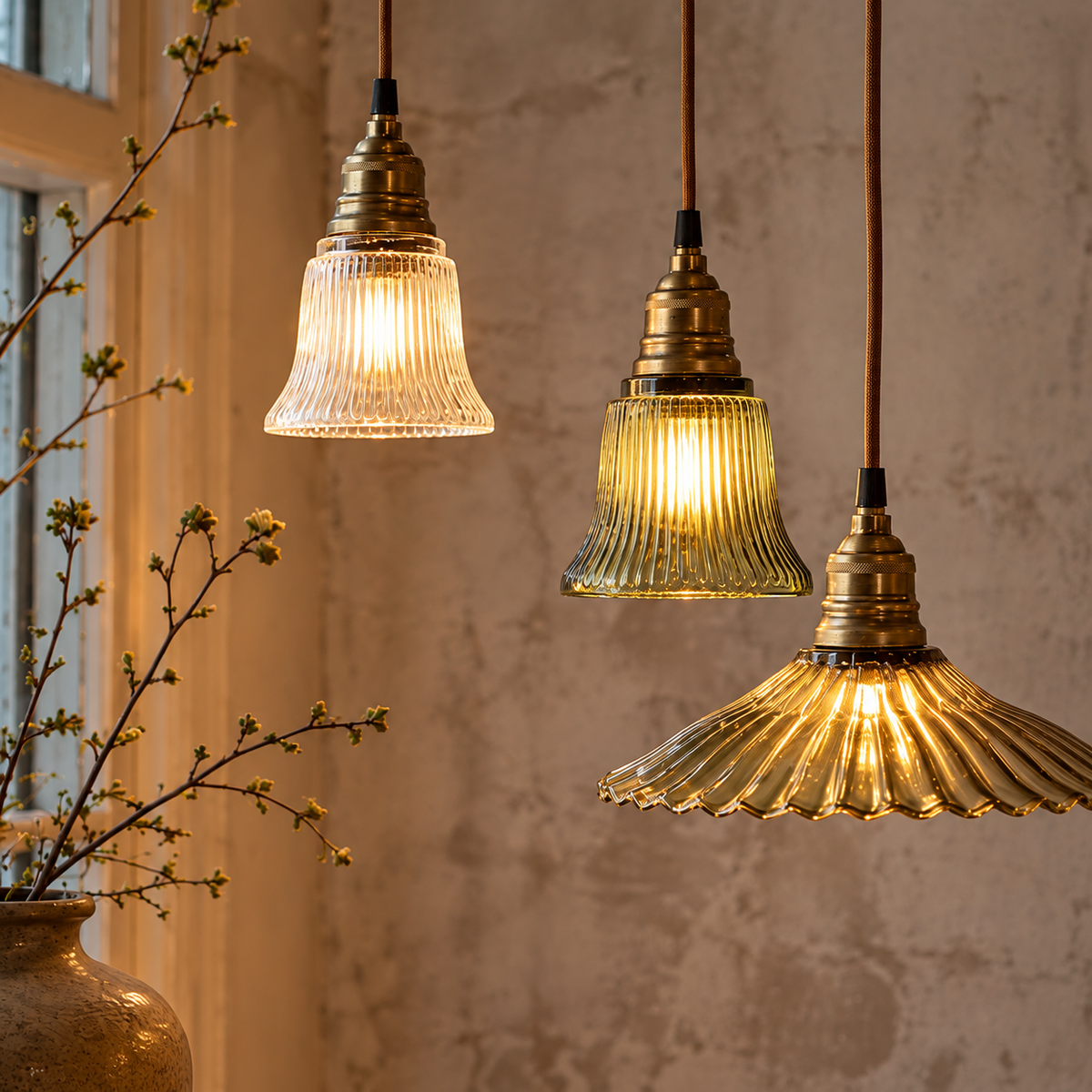 Fönsterlampa med klockformat räfflat glas i klarglas eller grönt glas och mässingsdetaljer samt tygsladd upphängda på olika nivåer tillsammans med en solfjäderformad lampa.