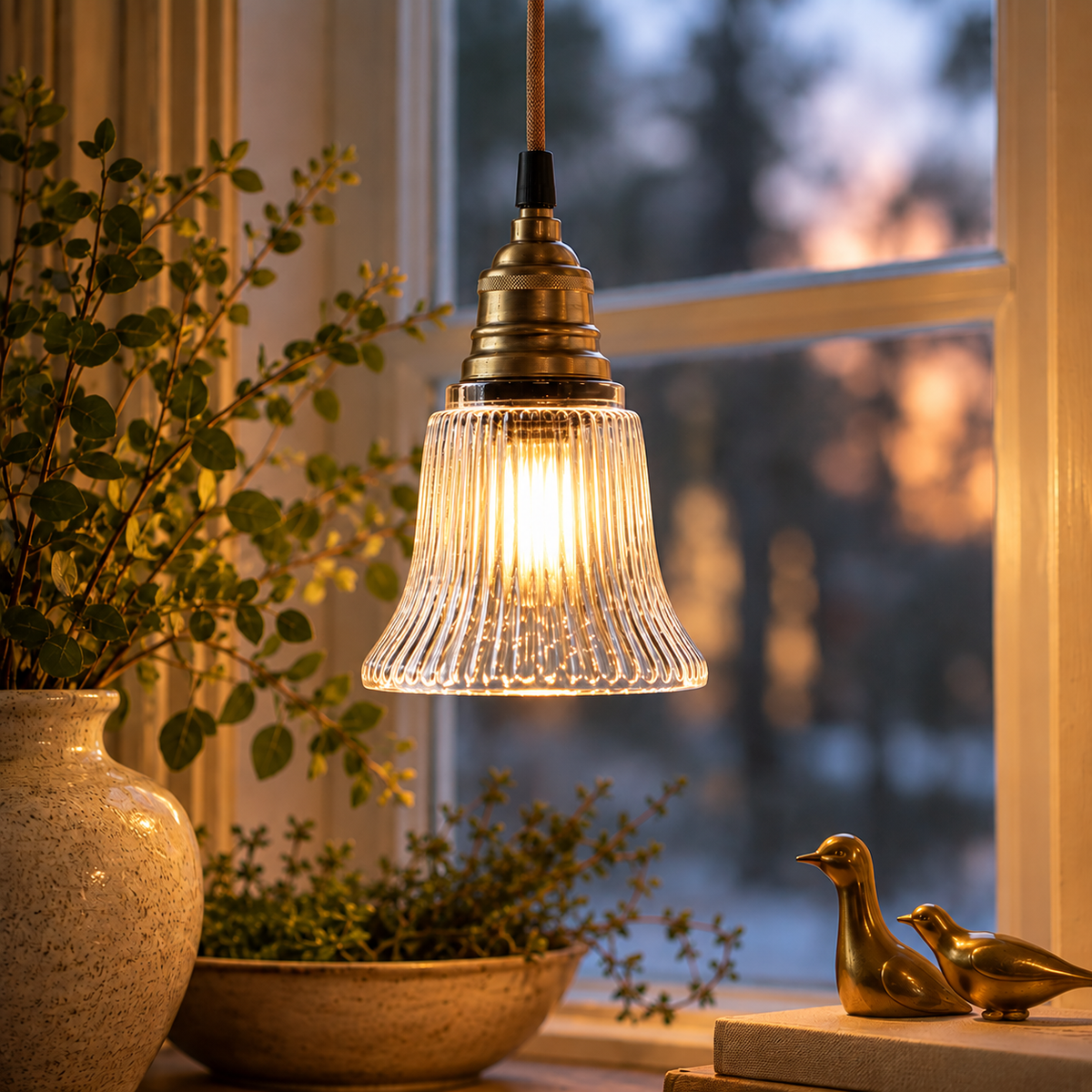 Fönsterlampa med klockformat räfflat klarglas och mässingsdetaljer samt tygsladd upphängd i ett fönster.