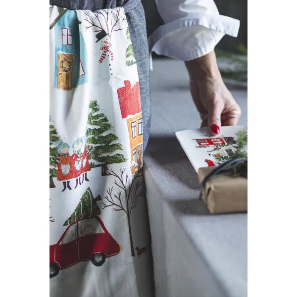 Kökshandduk Vinter med julmotiv från Nääsgränsgården i miljöbild i köket