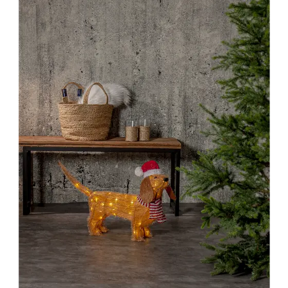 Lysande julhund med tomteluva och rödvit halsduk placerad intill en julgran i en stämningsfull julmiljö.