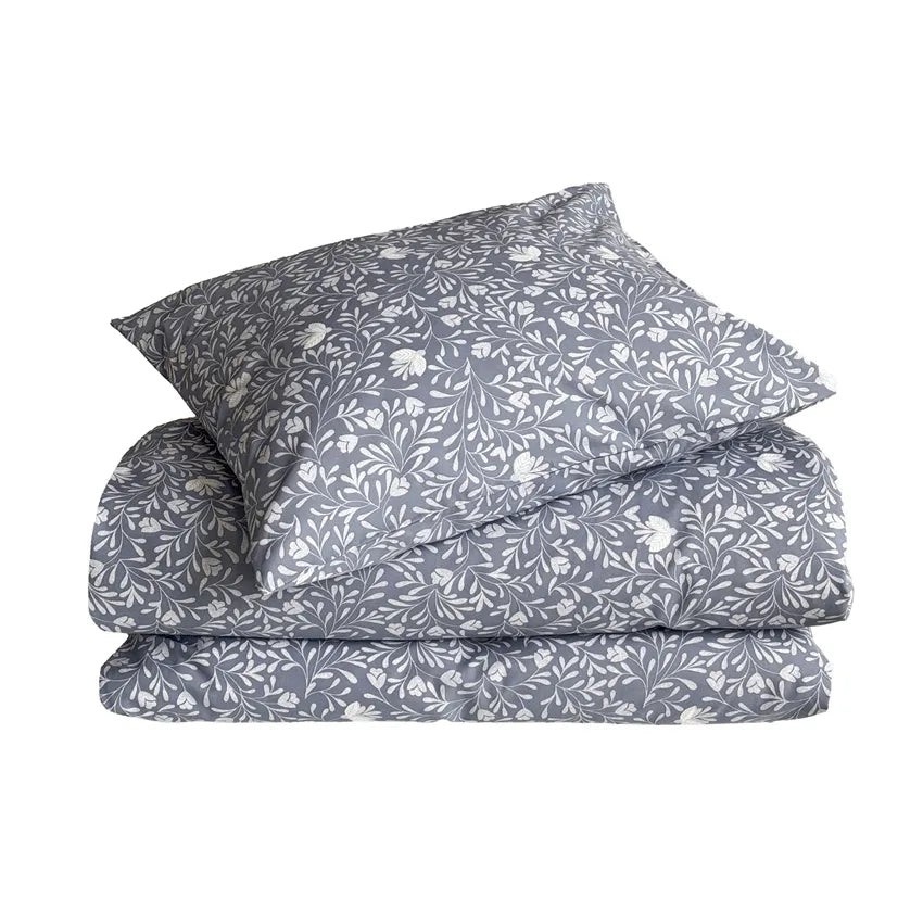 Påslakanset Lill blå i bomull med vitt botaniskt blommönster