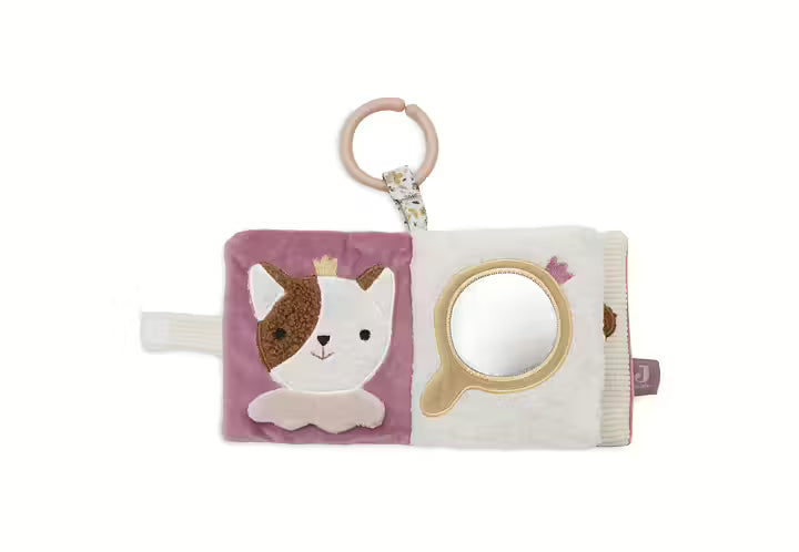 Mjuk aktivitetsbok från Jollein i rosa och neutrala toner med kattmotiv och spegel för små händer