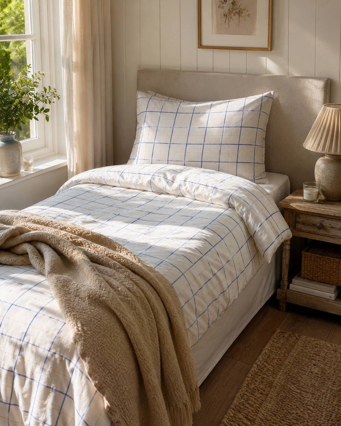 Påslakanset PELLE 150x210cm - enkel blå/beige rutig