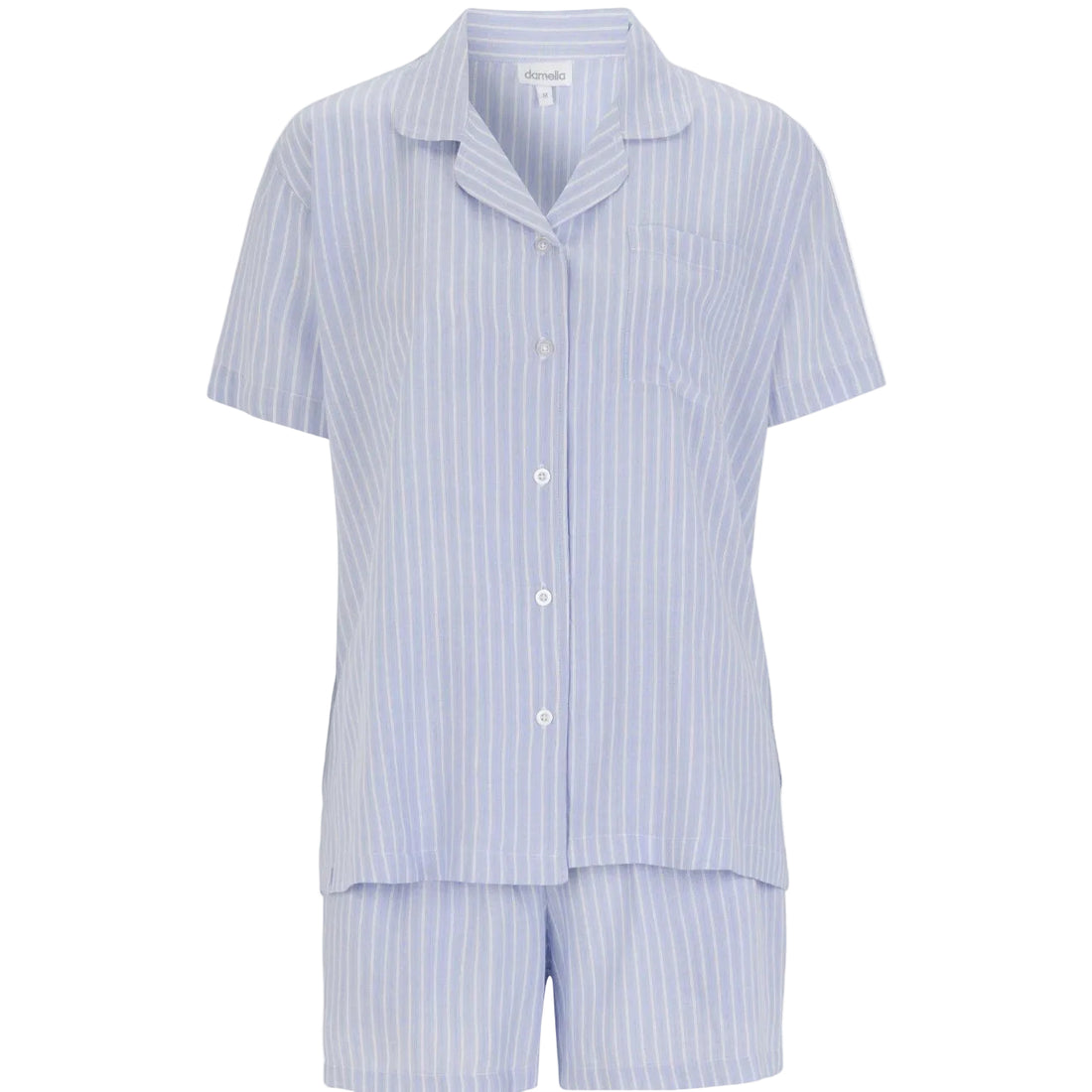 Kort pyjamas i blå och vita ränder med kortärmad skjorta med knappar och shorts i vävd viskos