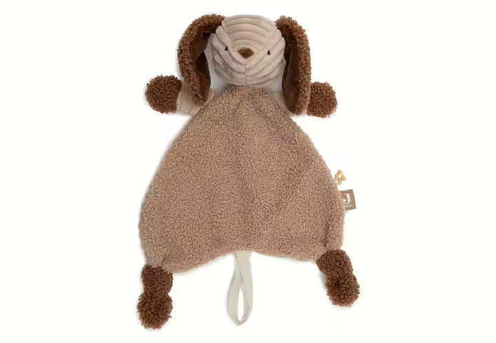 Brun snuttefilt i form av en hund med mjuka öron och ben samt ögla för napphållare