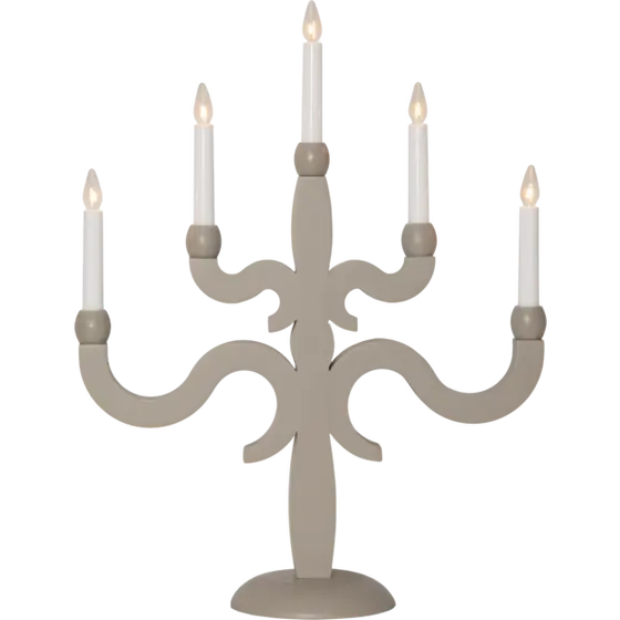 Beige adventsljusstake Canna från Star Trading i trä med fem LED-ljus, svängda armar och klassisk form, 55 cm hög.