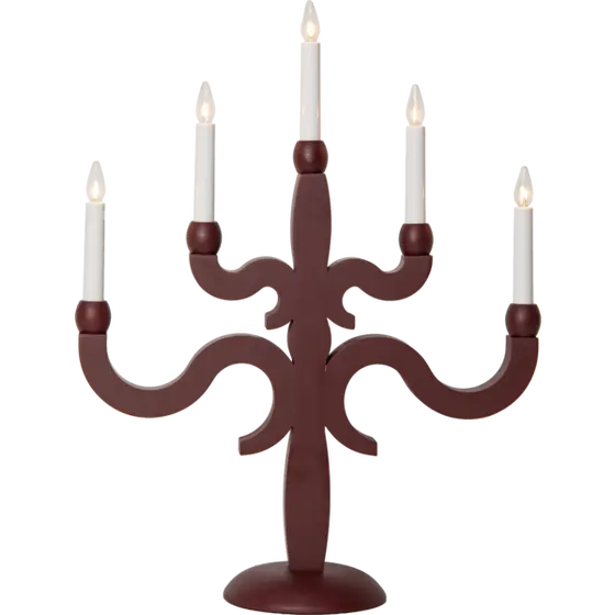 Röd adventsljusstake Canna från Star Trading i trä med fem ljus och dekorativt svängda armar, 55 cm hög.