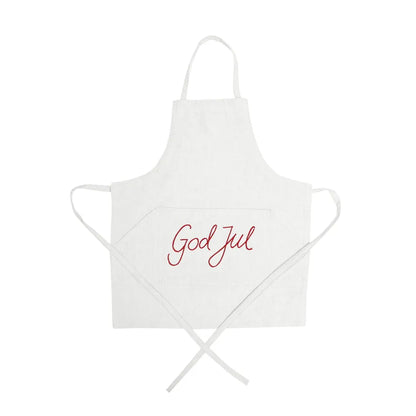 Linnefärgat barnförkläde God Jul med röd broderad text och ficka