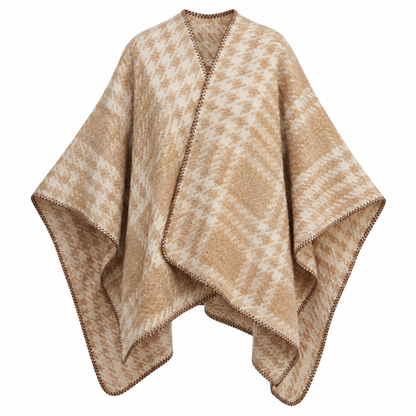 Beige och cremefärgad poncho med mönster och dekorativa kantstygn