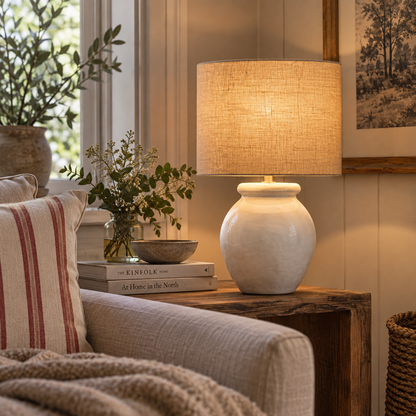 Bordslampa AURA vit keramik juteskärm
