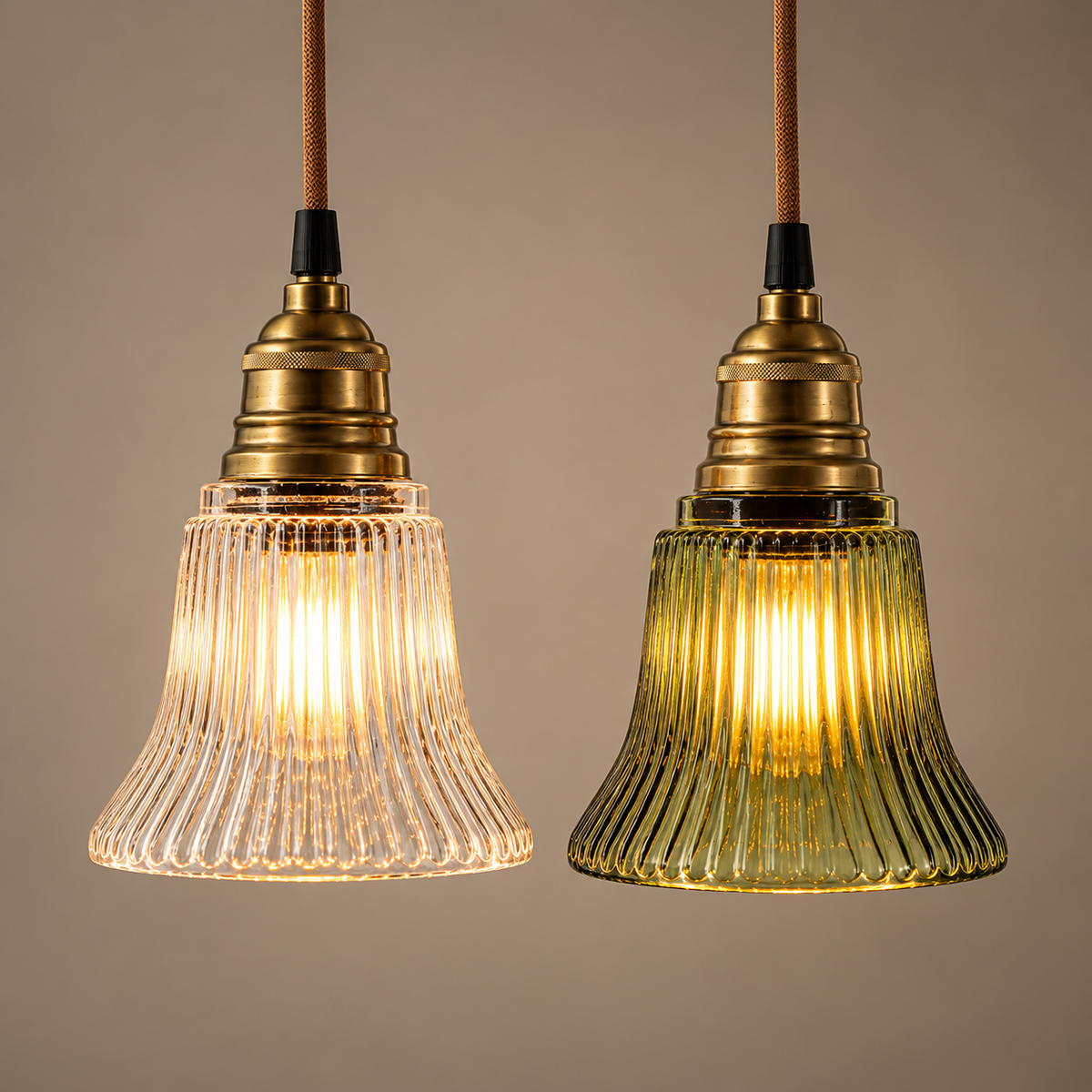 Fönsterlampa med klockformat räfflat glas i klarglas eller grönt glas och mässingsdetaljer samt tygsladd upphängda sida vid sida.
