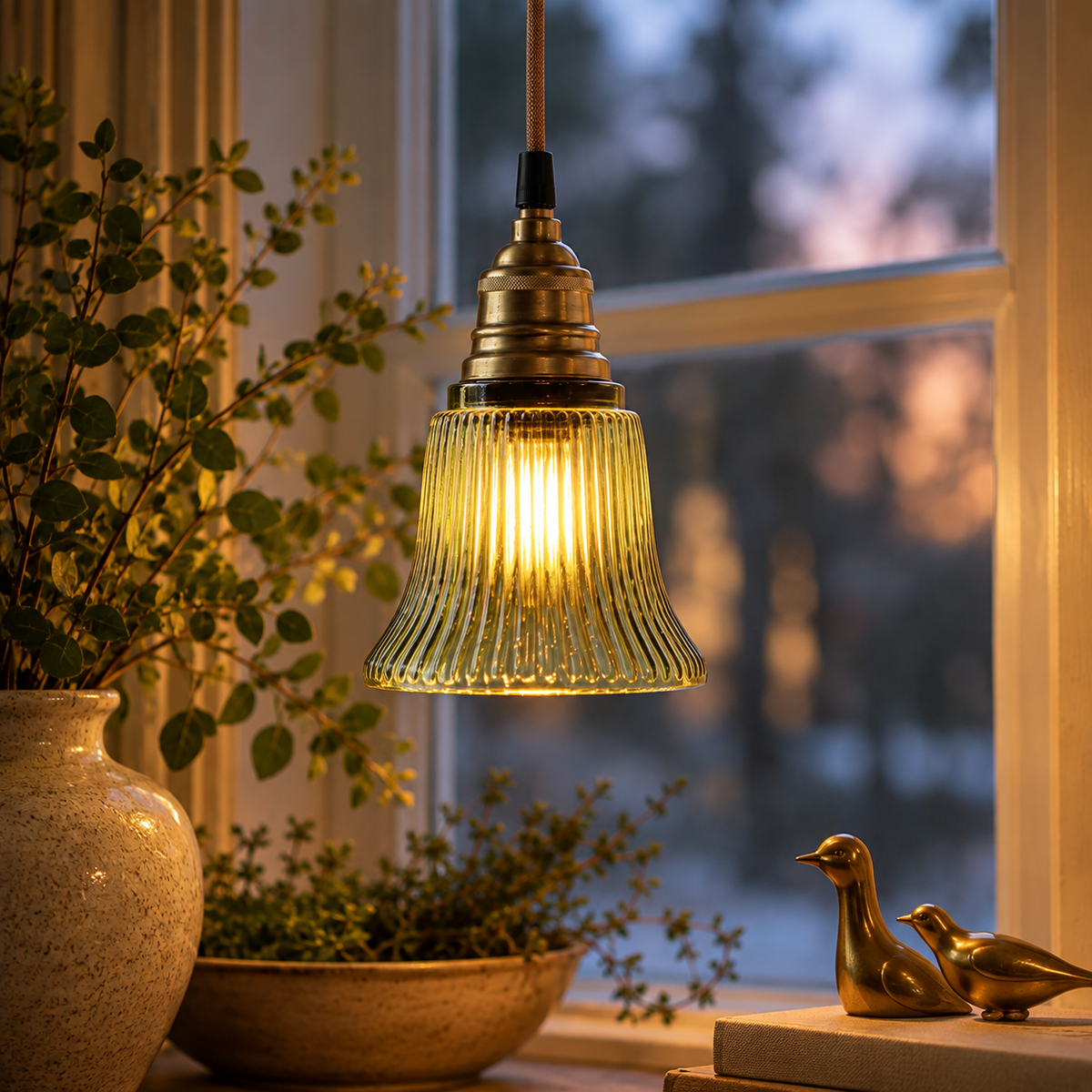 Grön fönsterlampa med klockformat räfflat glas och mässingsdetaljer samt tygsladd upphängd i ett fönster. 