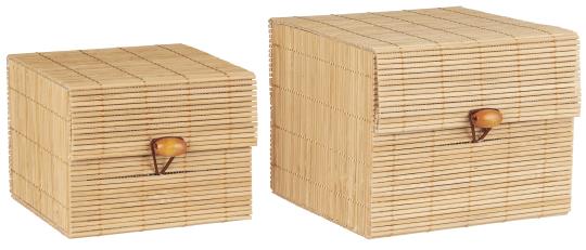 Två fyrkantiga förvaringsboxar i bambu med lock, liten och stor