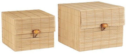 Två fyrkantiga förvaringsboxar i bambu med lock, liten och stor