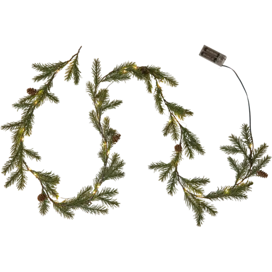 Grangirlang med naturtrogna grankvistar, små kottar och 30 varmvita LED-ljus, 150 cm lång.