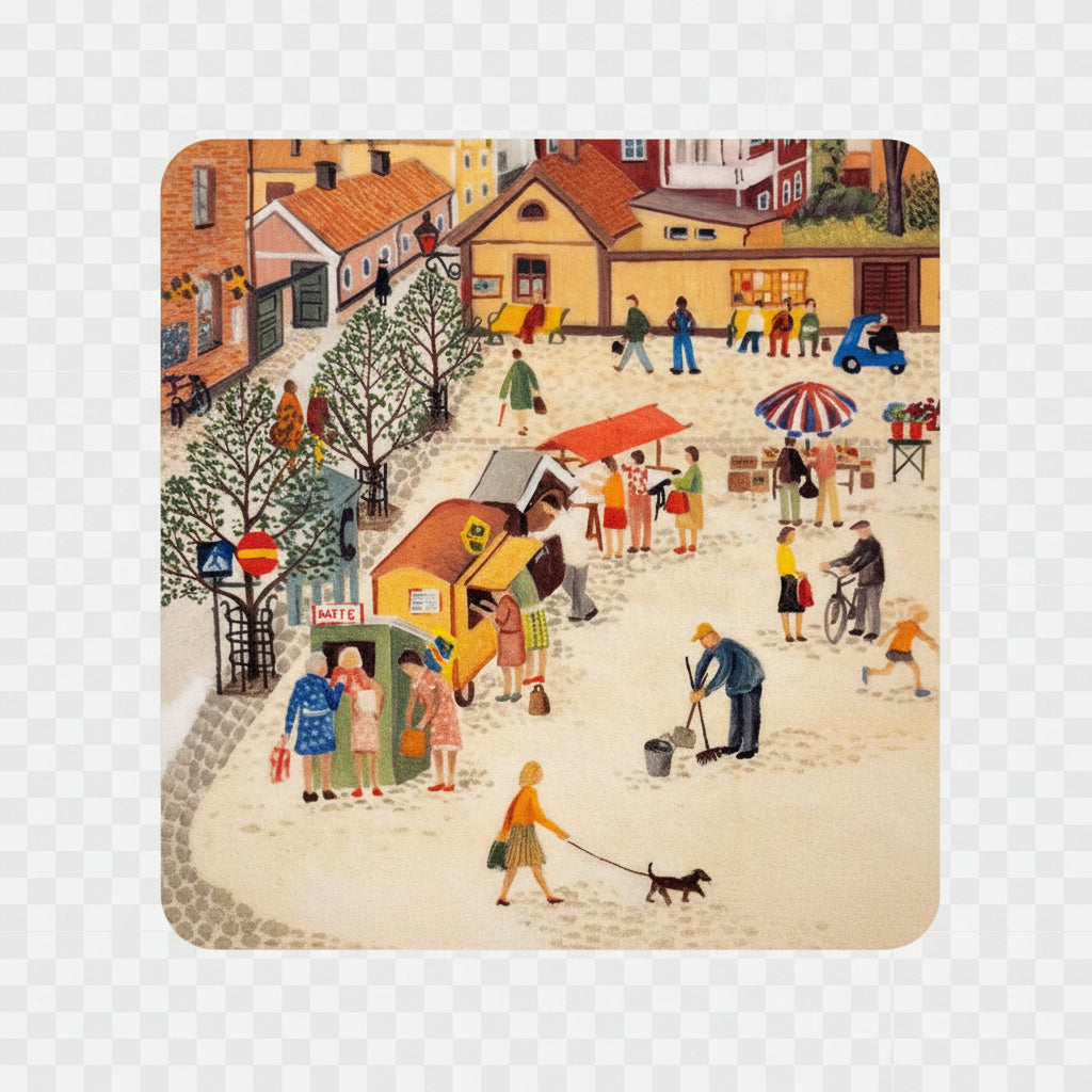 Glasunderlägg MARIEFRED RÅDHUSTORGET Harry Karlsson 4-pack 9x9cm
