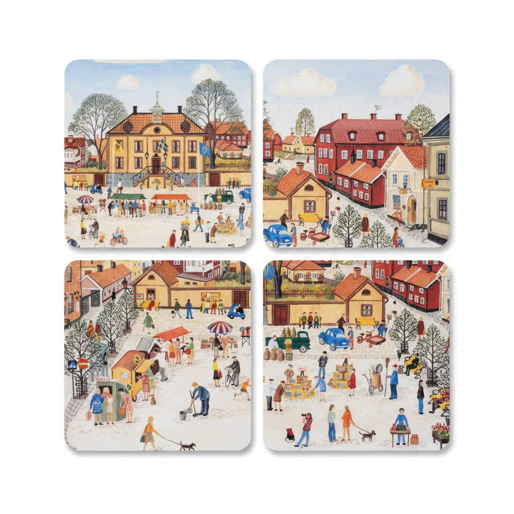 Glasunderlägg MARIEFRED RÅDHUSTORGET Harry Karlsson 4-pack 9x9cm