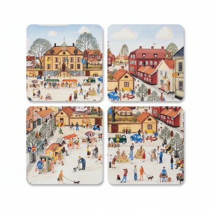 Glasunderlägg MARIEFRED RÅDHUSTORGET Harry Karlsson 4-pack 9x9cm