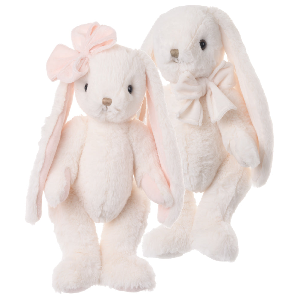 Gosedjur kaninerna Archie och Lilibet 40 cm, vita kaniner med långa öron och rosetter