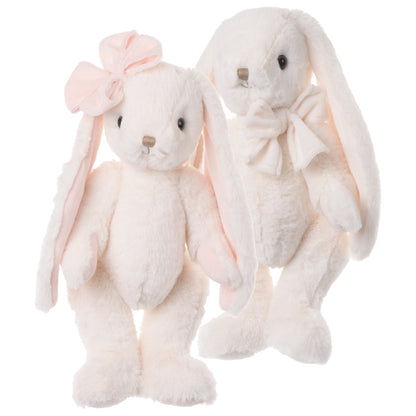 Gosedjur kaninerna Archie och Lilibet 40 cm, vita kaniner med långa öron och rosetter