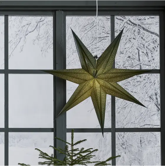 Grön adventsstjärna Holly med varmt ljussken upphängd i ett mörkt spröjsat fönster med vinterlandskap utanför