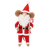 Julmus i ull klädd som tomte med röd luva och polkagris i handen