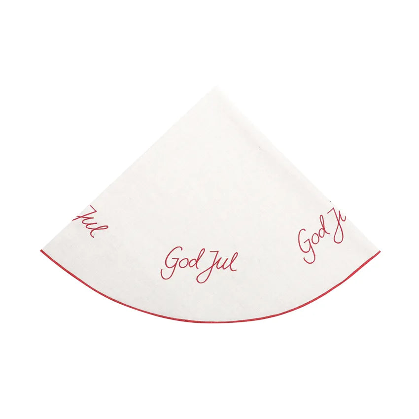 Rund julgransmatta God Jul 100 cm med röd broderad text och kant