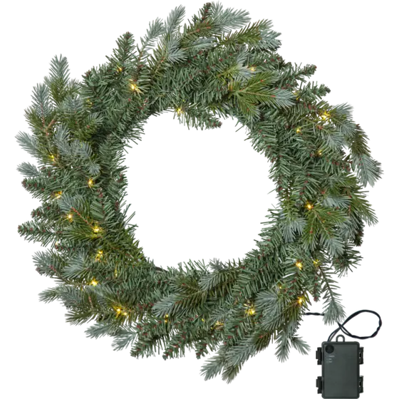 Naturtrogen grön julkrans Greyland från Star Trading med täta grankvistar och 40 varmvita LED-ljus, diameter 55 cm.