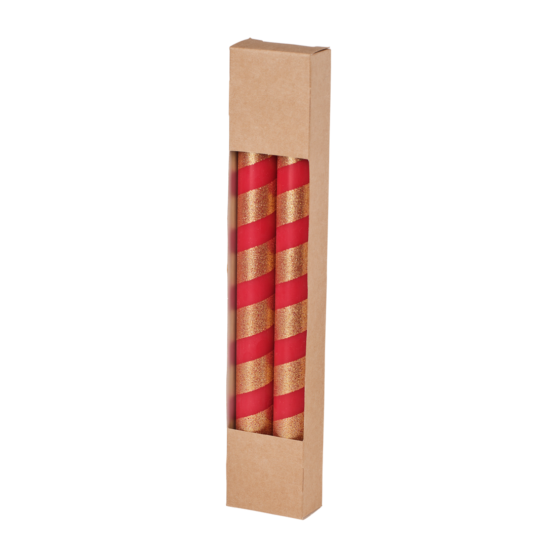 Förpackning med två röd- och guldrandiga stearinljus i 24 cm längd.