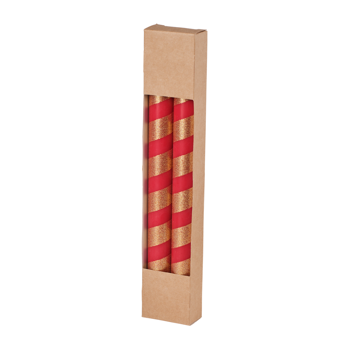 Förpackning med två röd- och guldrandiga stearinljus i 24 cm längd.