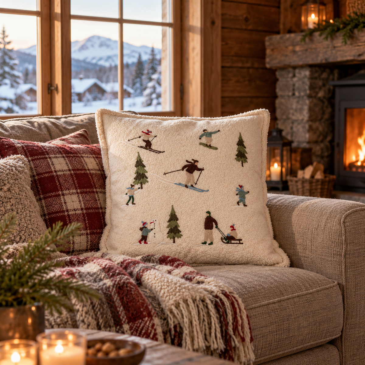 Kuddfodral Winter med skidåkare, granar och vintermotiv i fjällstuga