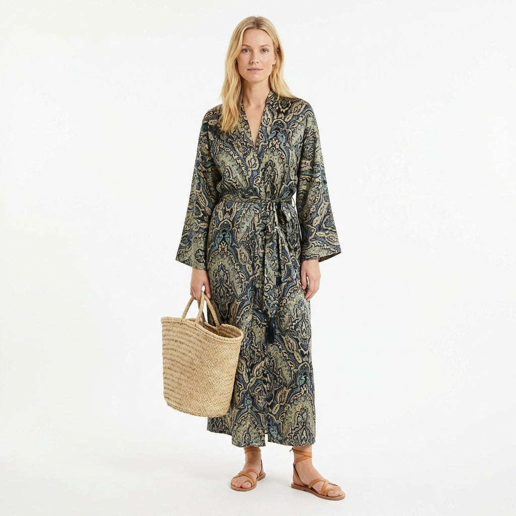 Kimono FAY LÅNG blå paisley
