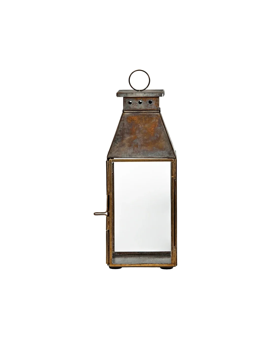 Rektangulär ljuslykta Tilka i glas och järn med antik mässingsfinish, 23,5 cm hög.