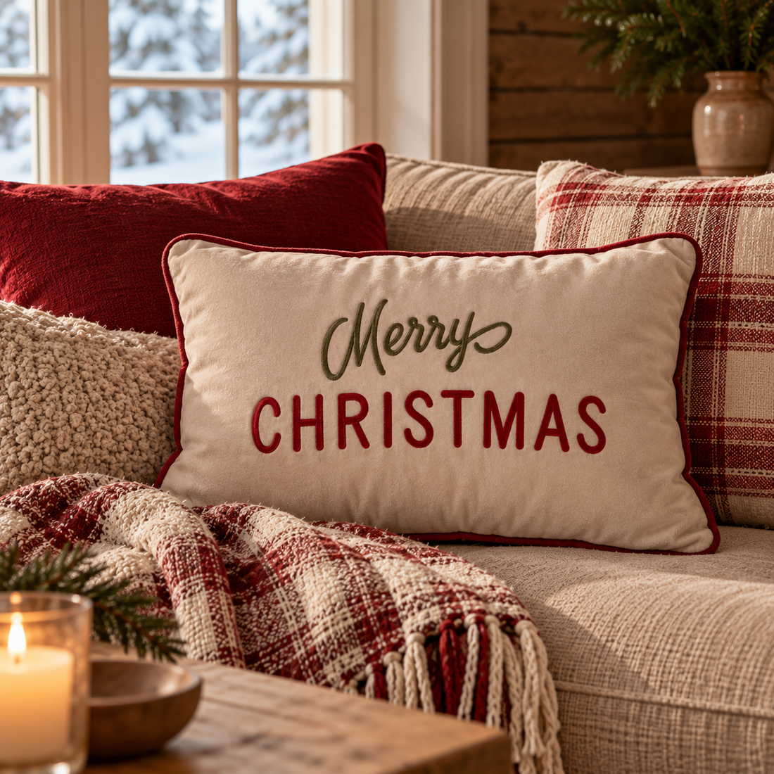 Merry Christmas kuddfodral i bomullssammet med röd och grön brodyr 40x60 cm placerad i en soffa med andra kuddar i rött.