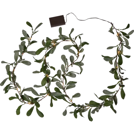 Grön mistelgirlang från Star Trading med naturtrogna blad och 20 små varmvita LED-ljus, 180 cm lång.