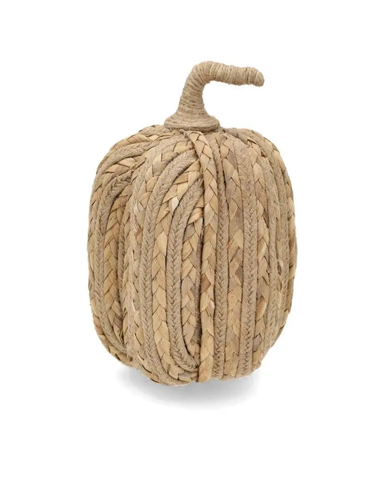 Avlång naturfärgad dekorationspumpa i jute med flätad struktur och böjt skaft