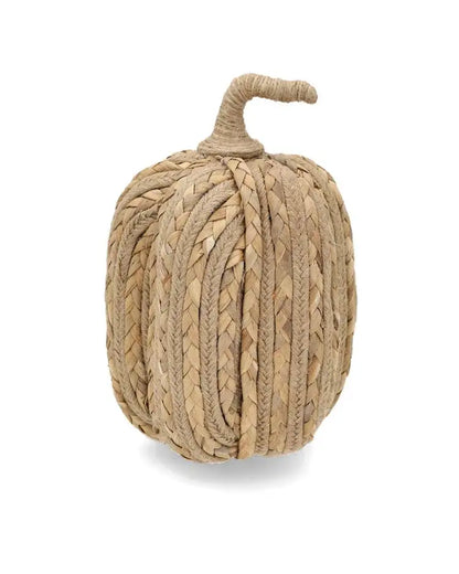 Avlång naturfärgad dekorationspumpa i jute med flätad struktur och böjt skaft