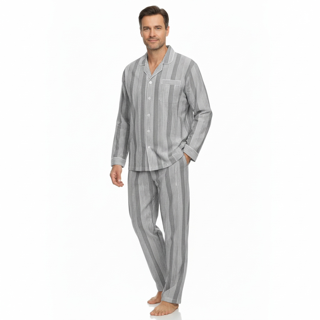 Modell i randig herrpyjamas i marinblått och vitt