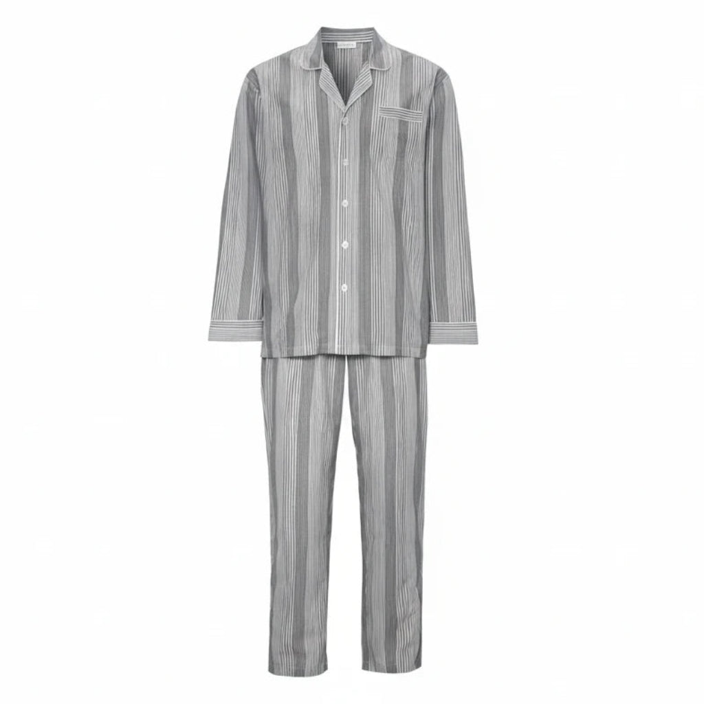 Randig herrpyjamas i marinblått och vitt med långärmad skjorta och byxa