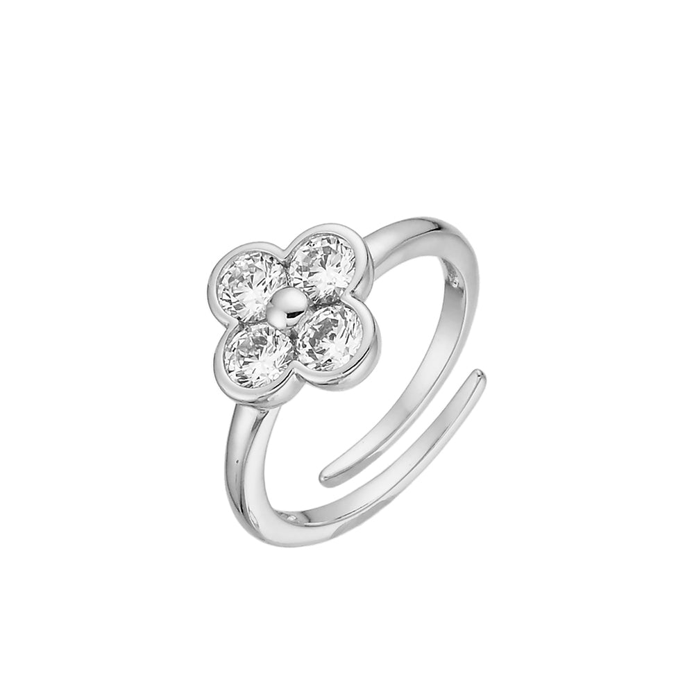 Justerbar silverfärgad ring Flora med blomma och fyra klara, gnistrande dekorstenar.