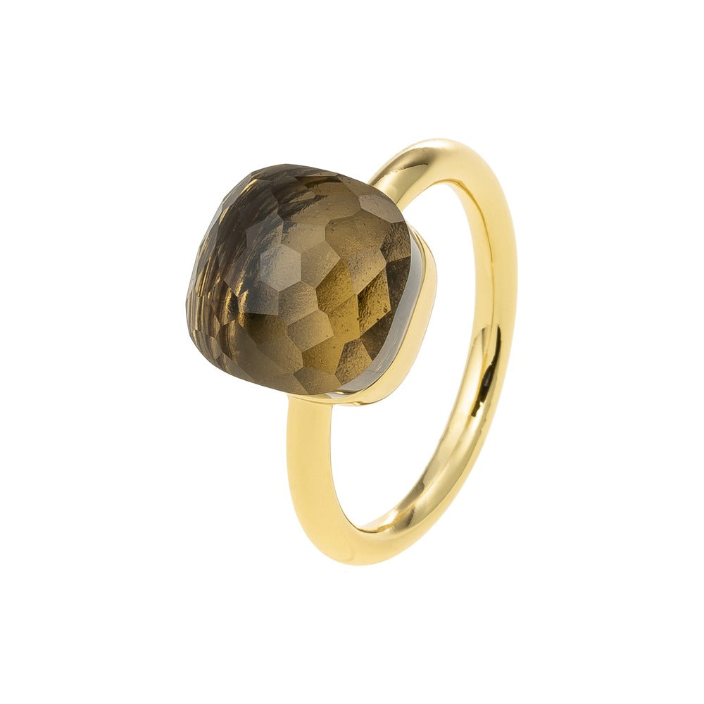 Ring i 18K guldplätterad mässing med en facetterad rökfärgad topaz