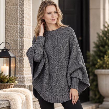 Modell i mörkgrå stickad poncho Nora med kabelstickning