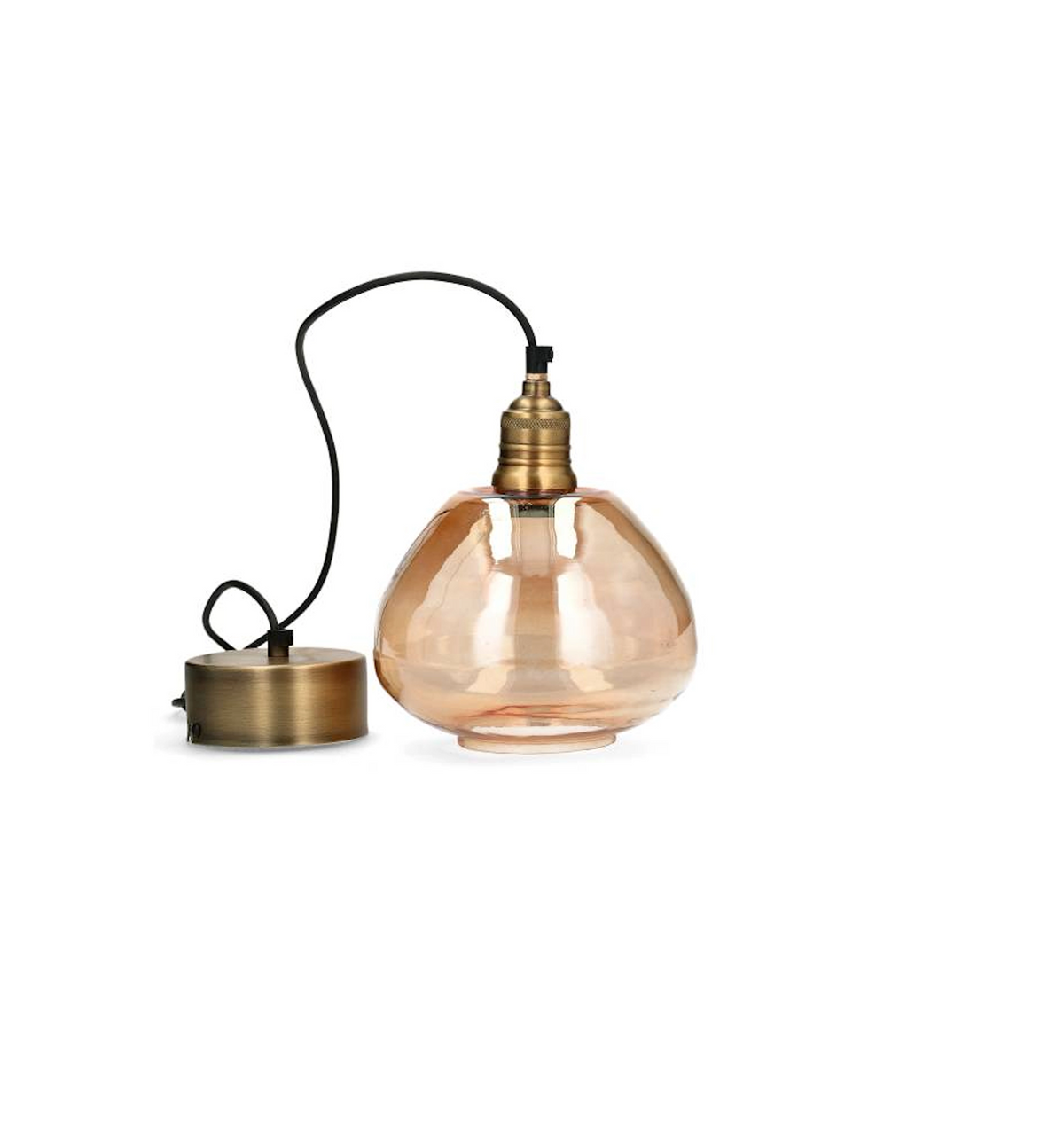 Cognacsfärgad taklampa i rundat glas med antikmässingsfäste och svart sladd från Classic Living för varm belysning i hemmet