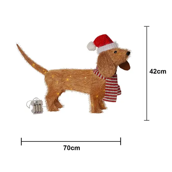 Måttbild av lysande jultax med tomteluva, 70 cm lång och 42 cm hög.