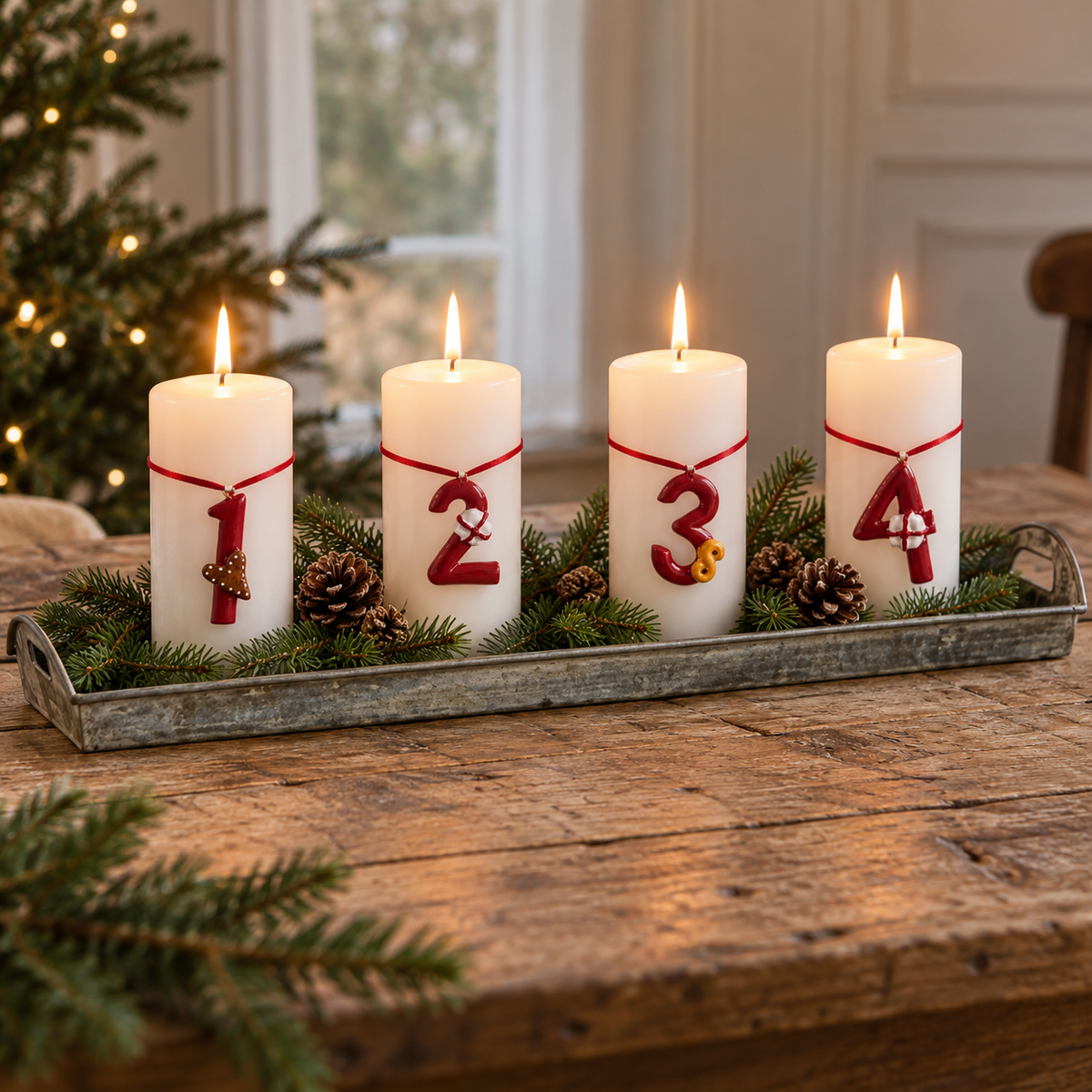 Zinkbricka för uppställning av blockljus tillsammans med Nääsgränsgårdens adventssiffror för blockljus